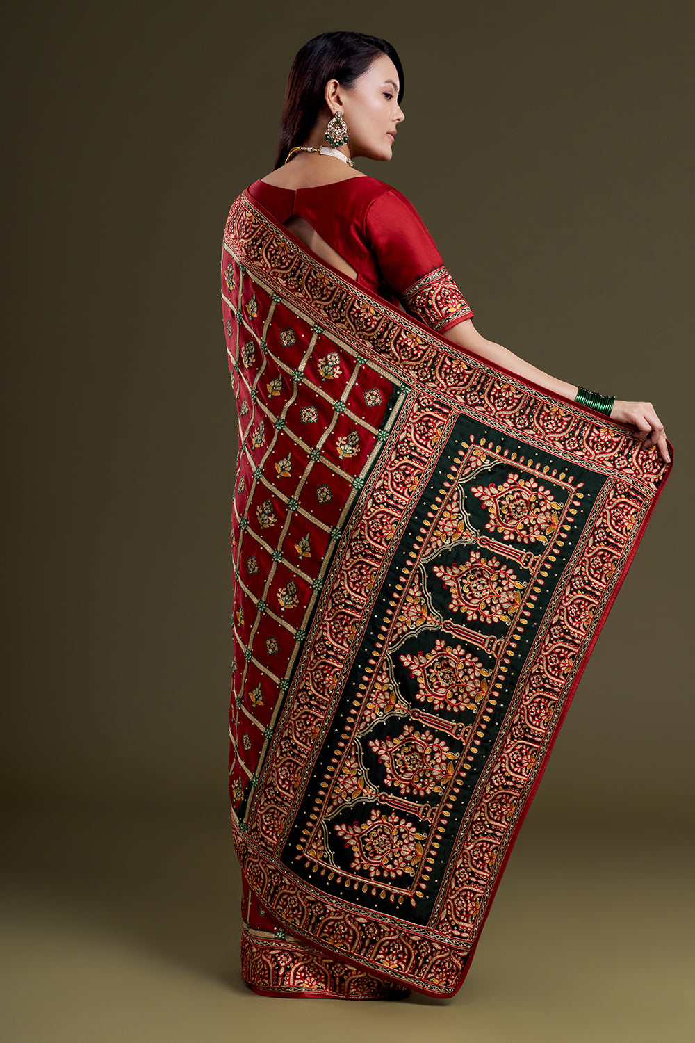 Maroon Floral Motif Embroidered Silk Saree Gharchola
