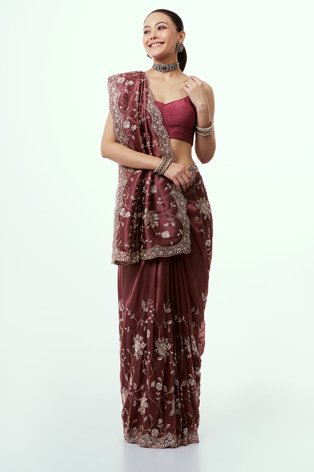 Maroon Glass Organza Saree with Cutdana Work