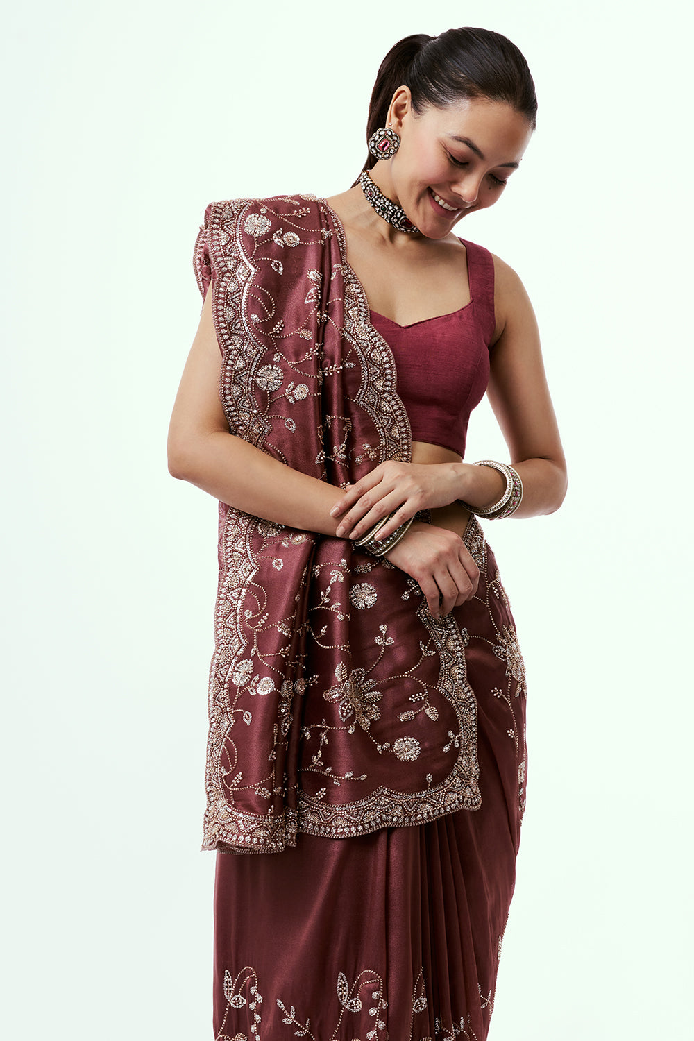 Maroon Glass Organza Saree with Cutdana Work