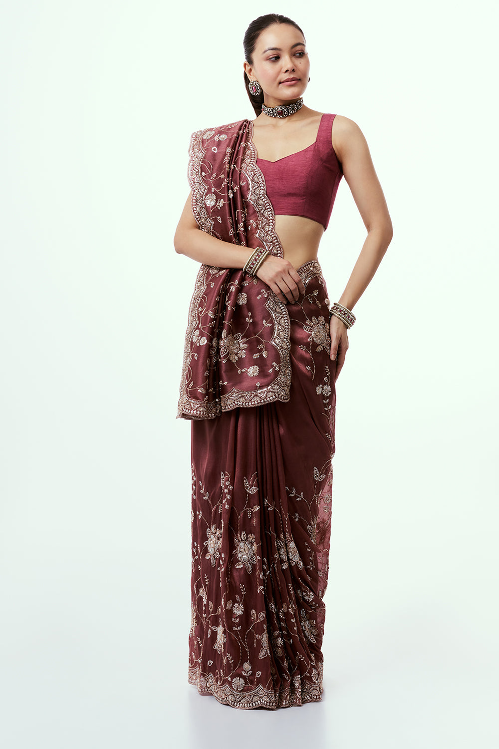 Maroon Glass Organza Saree with Cutdana Work