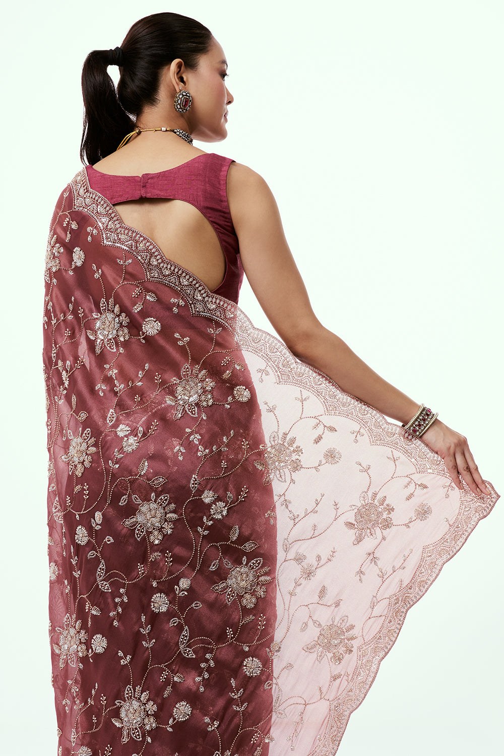 Maroon Glass Organza Saree with Cutdana Work