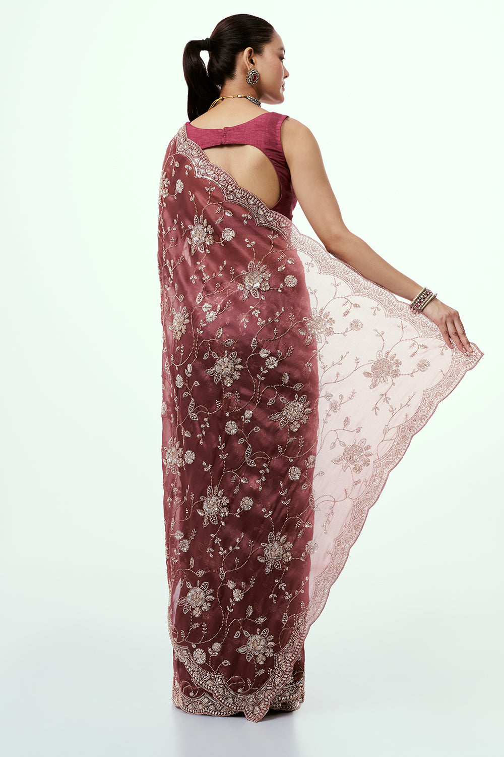 Maroon Glass Organza Saree with Cutdana Work