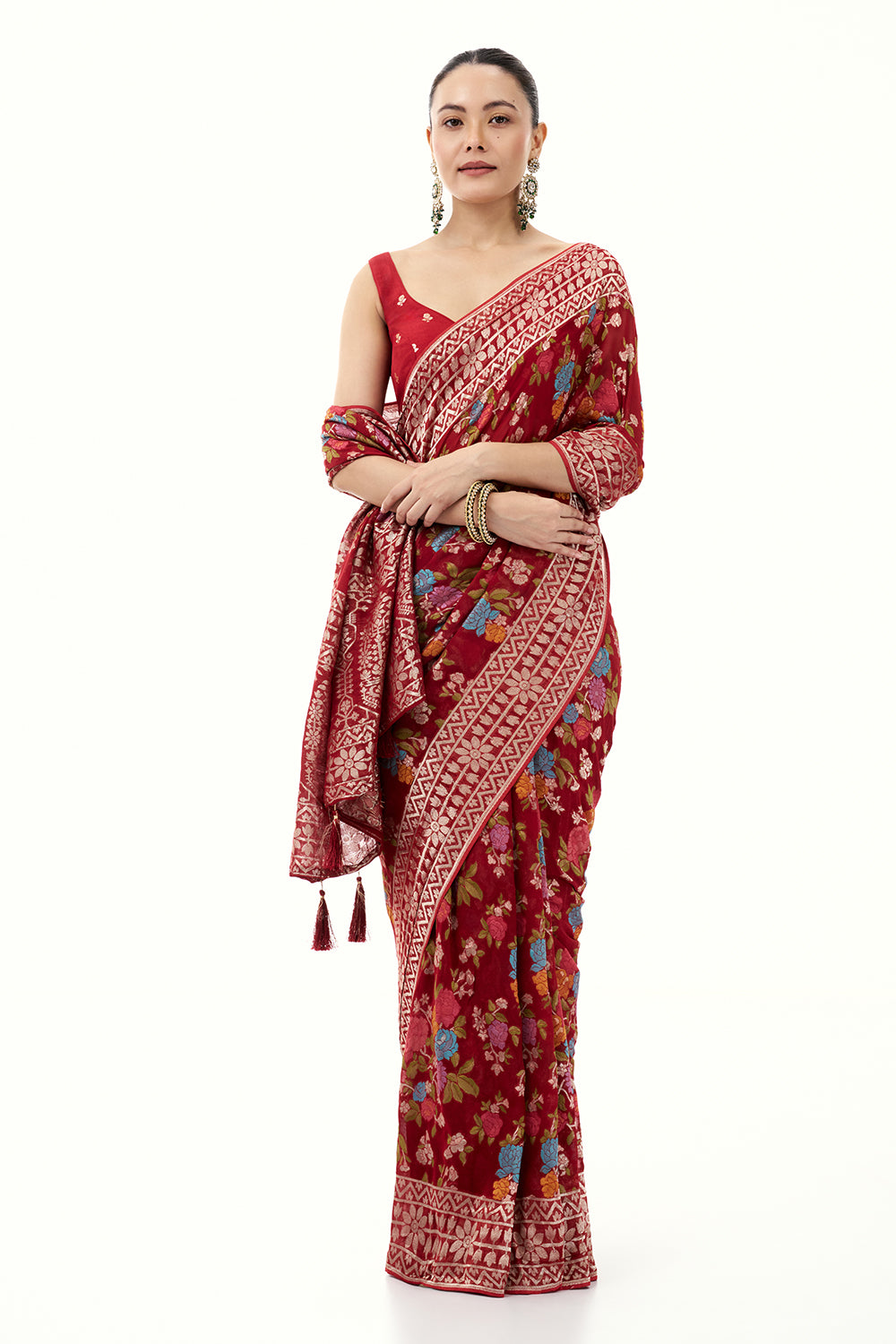 Maroon Khadi Georgette Woven Saree with Floral Designs