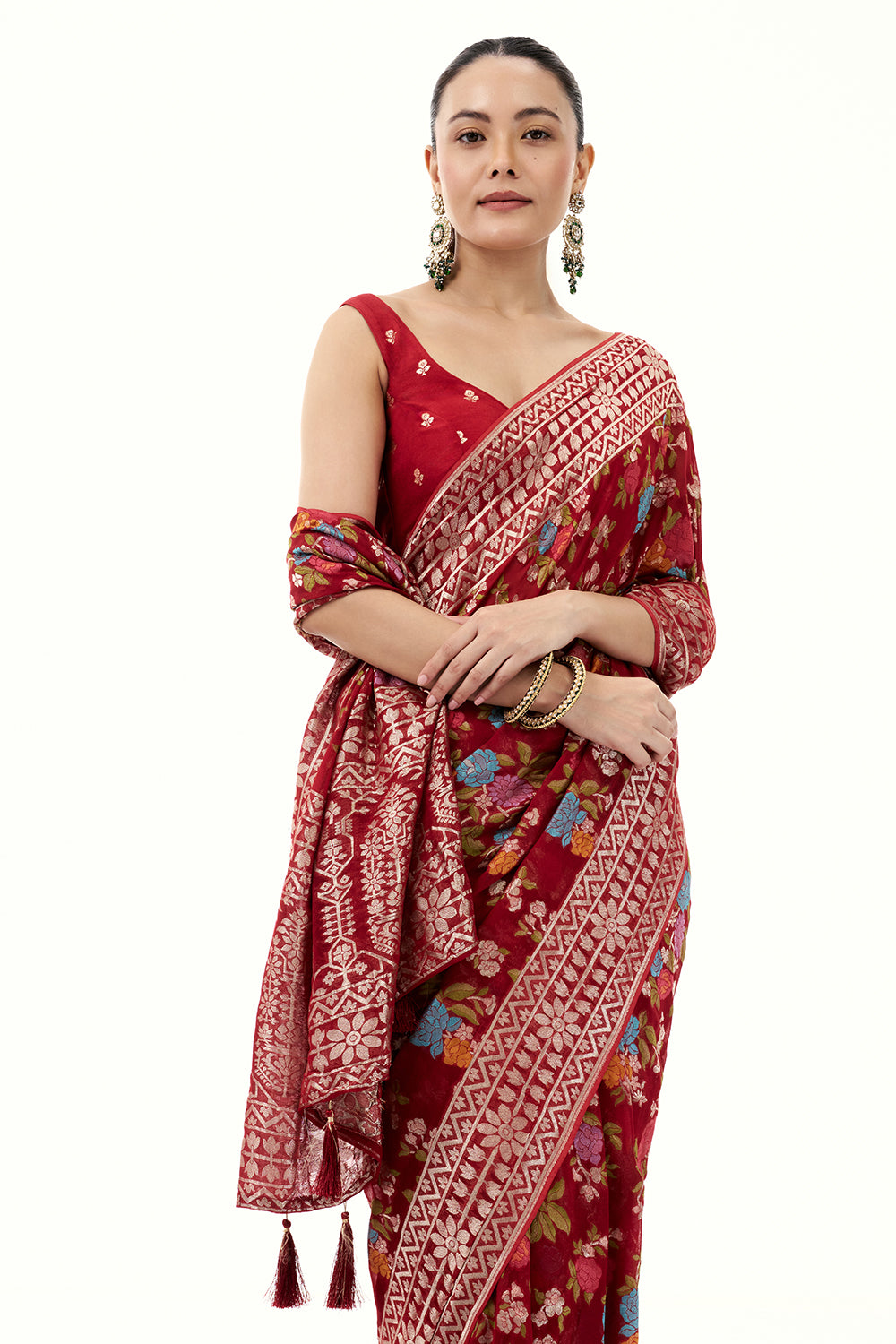 Maroon Khadi Georgette Woven Saree with Floral Designs