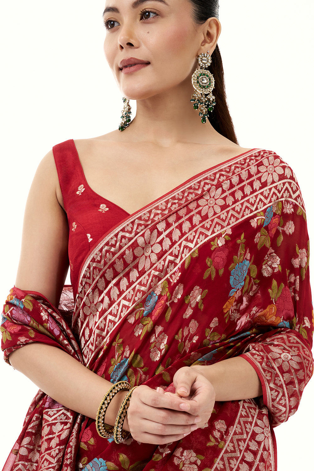 Maroon Khadi Georgette Woven Saree with Floral Designs