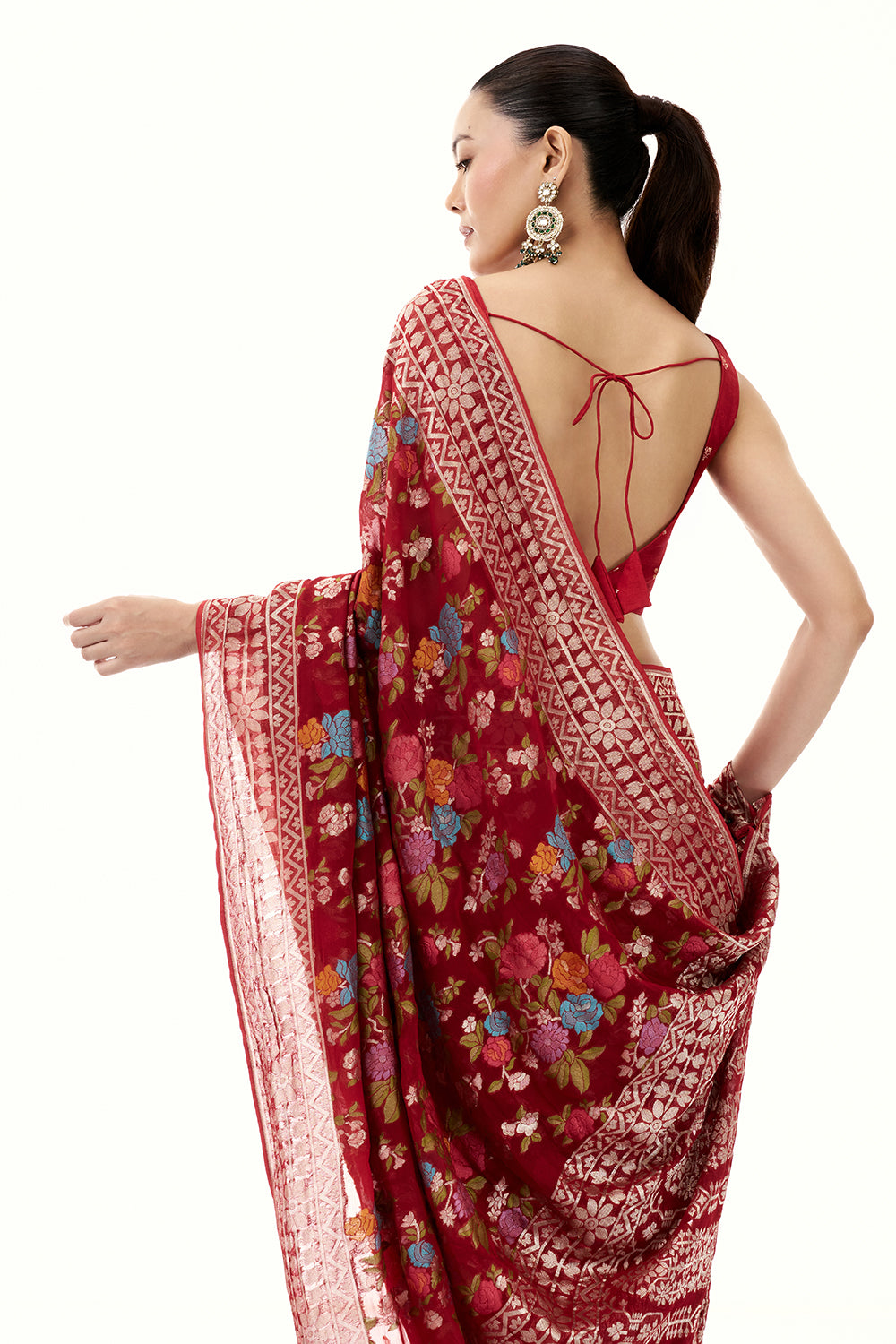 Maroon Khadi Georgette Woven Saree with Floral Designs