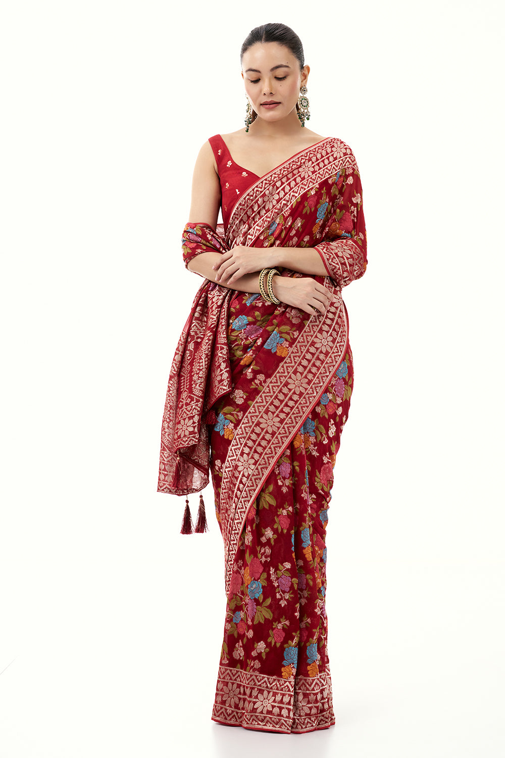 Maroon Khadi Georgette Woven Saree with Floral Designs