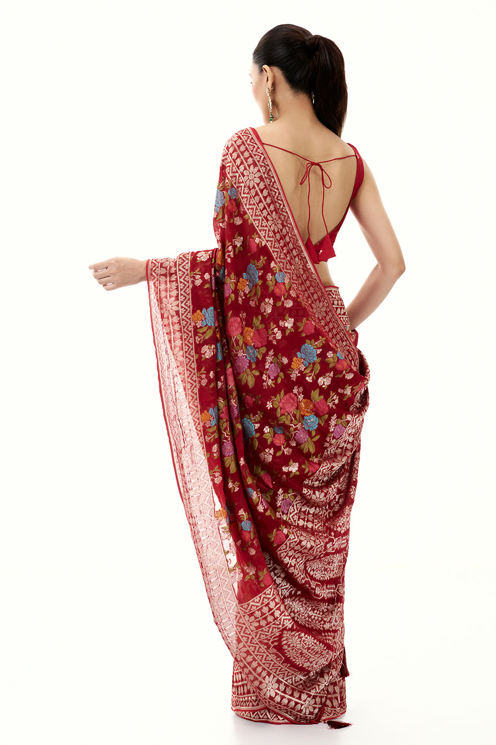 Maroon Khadi Georgette Woven Saree with Floral Designs