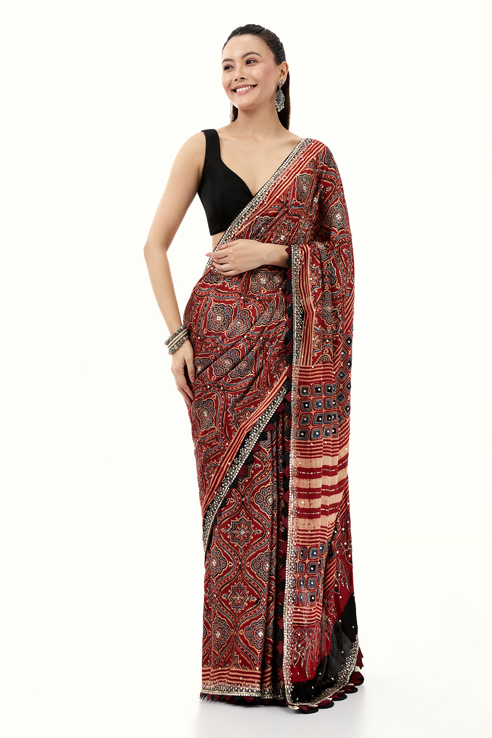 Maroon Modal Printed Saree with Mirror and Zari Work