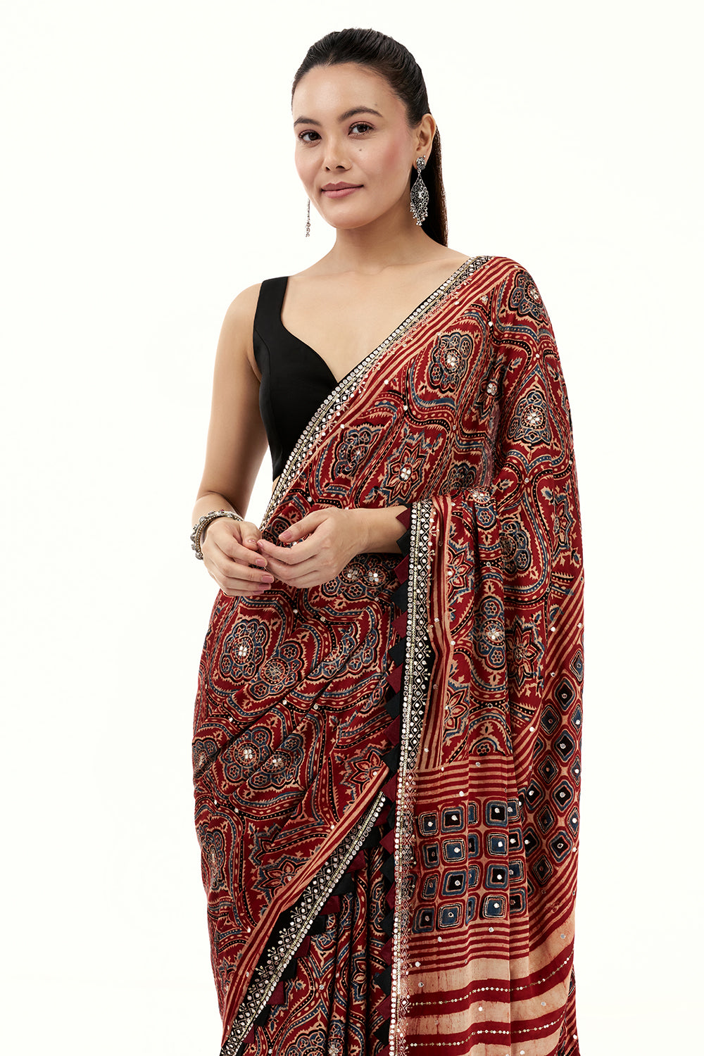 Maroon Modal Printed Saree with Mirror and Zari Work