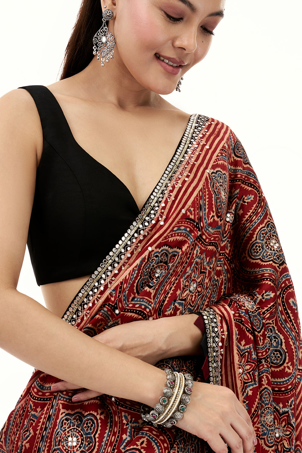 Maroon Modal Printed Saree with Mirror and Zari Work