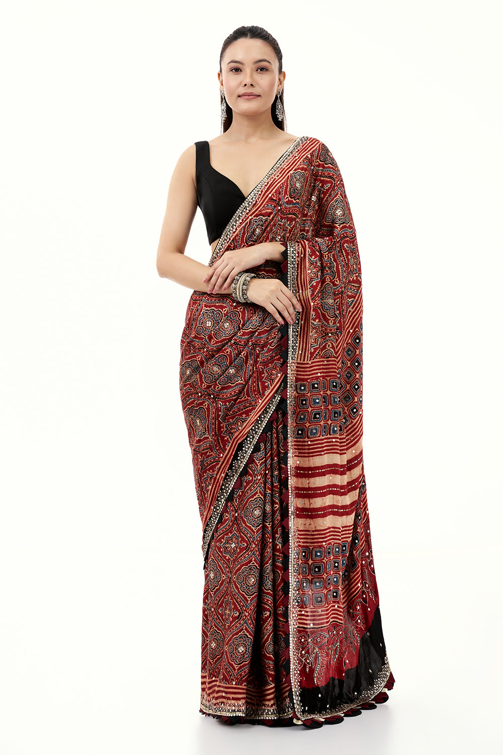 Maroon Modal Printed Saree with Mirror and Zari Work