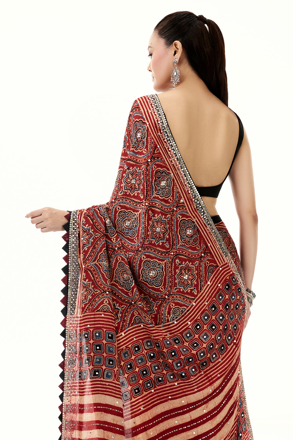 Maroon Modal Printed Saree with Mirror and Zari Work