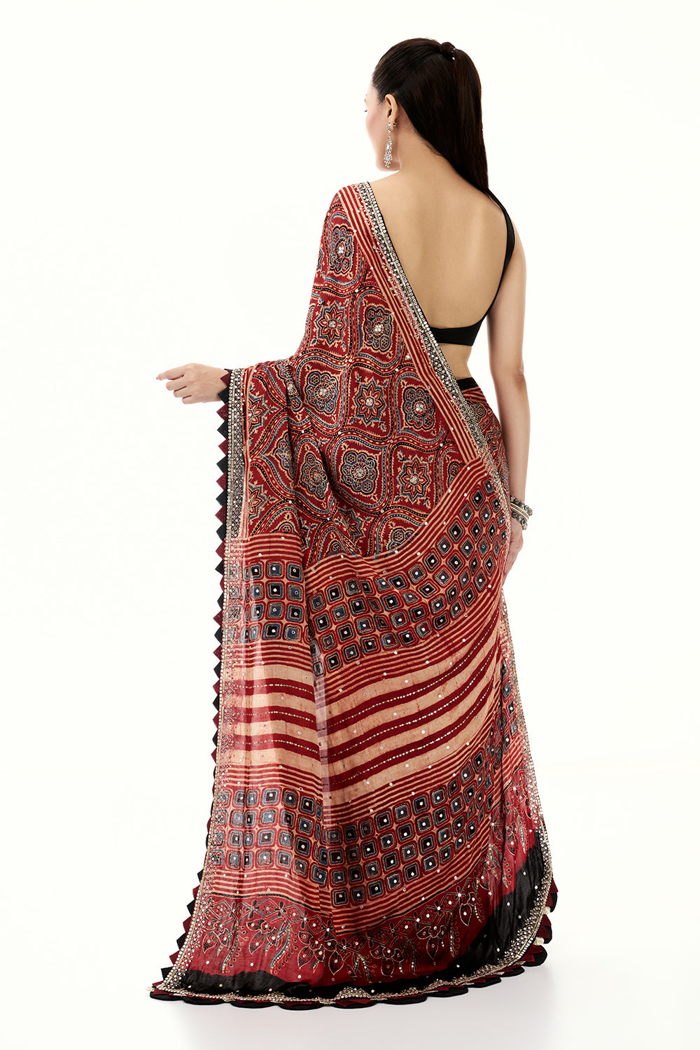 Maroon Modal Printed Saree with Mirror and Zari Work