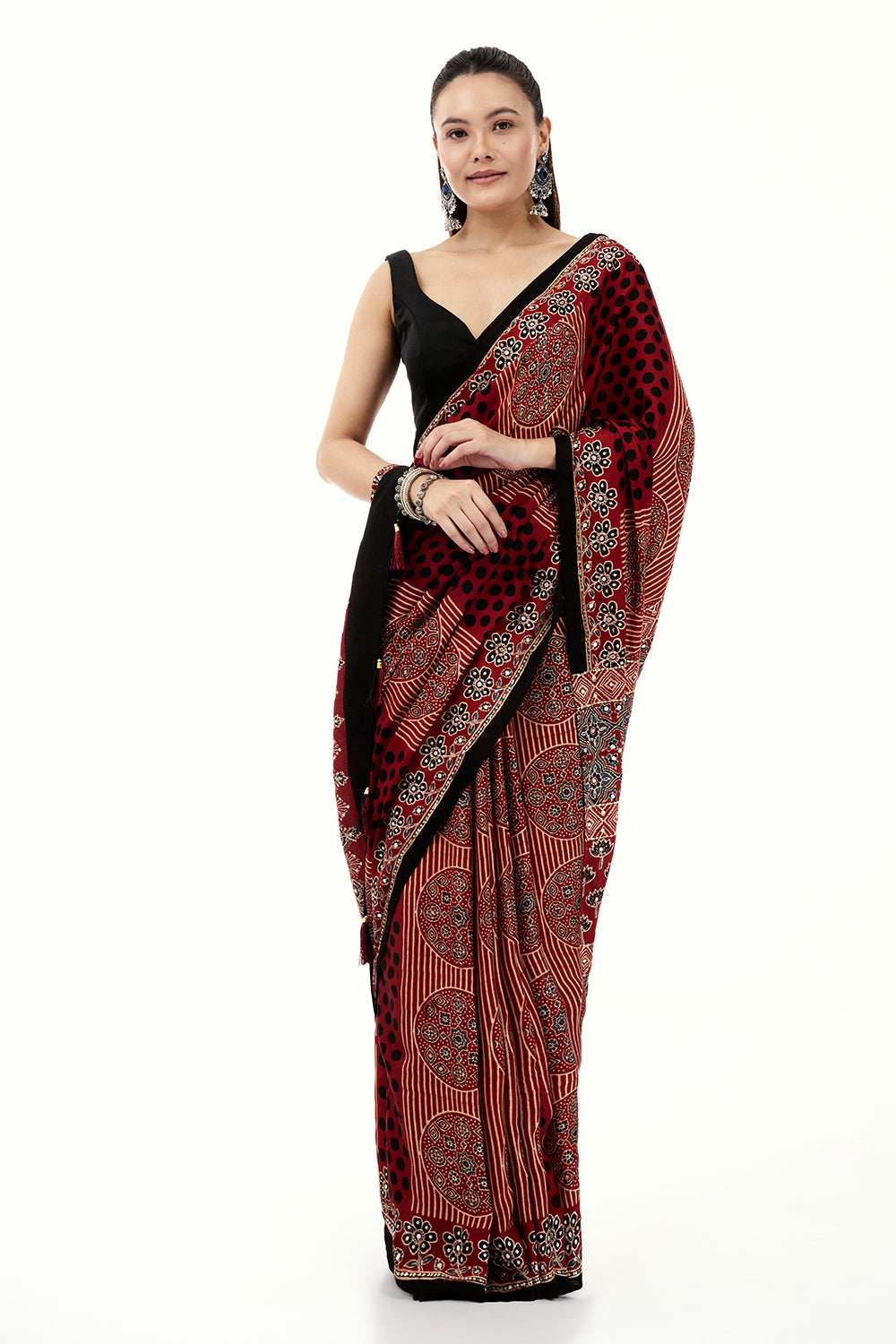 Maroon Modal Printed Saree with Mirror and Sequin Work
