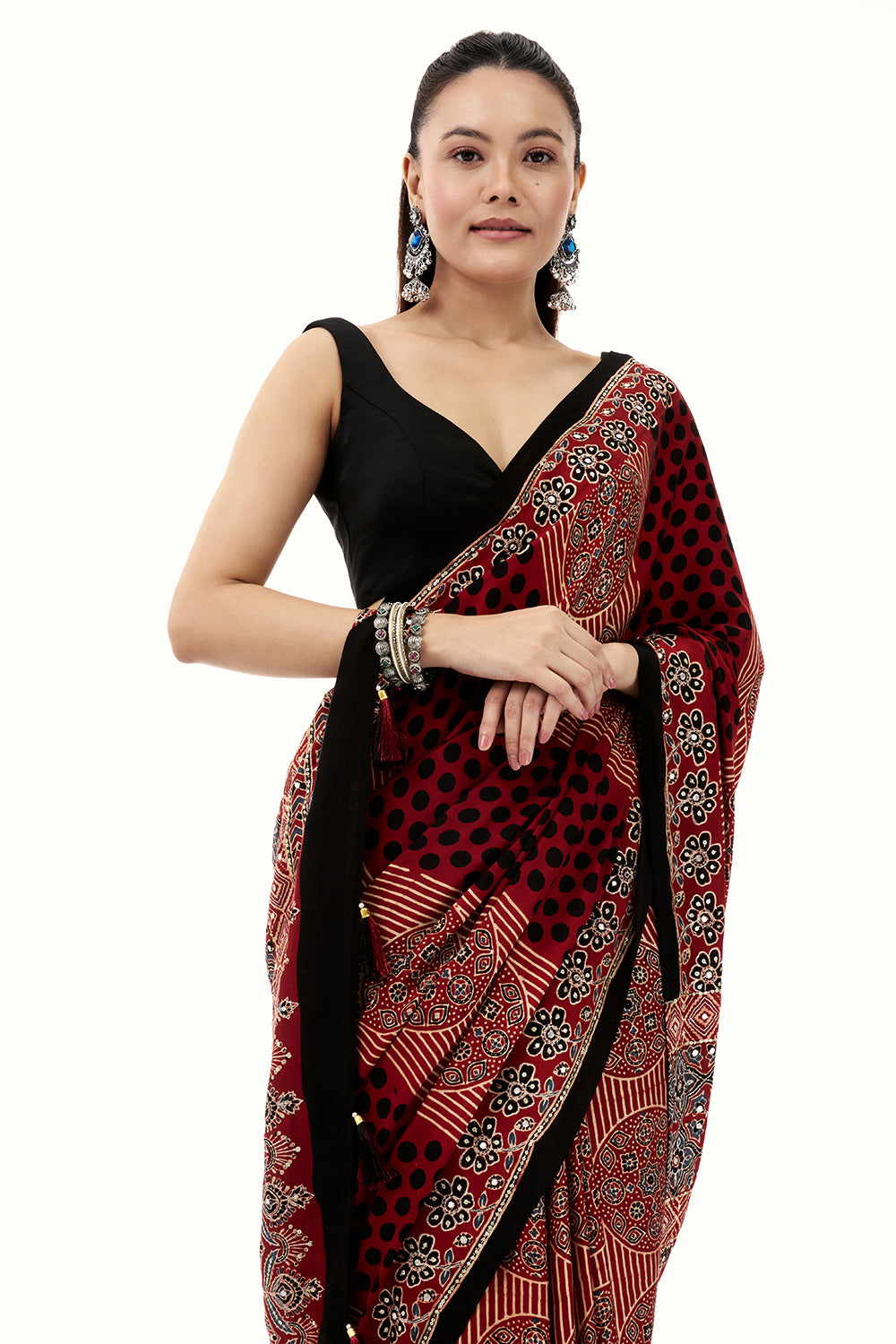 Maroon Modal Printed Saree with Mirror and Sequin Work