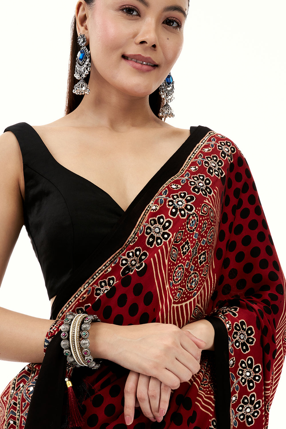 Maroon Modal Printed Saree with Mirror and Sequin Work