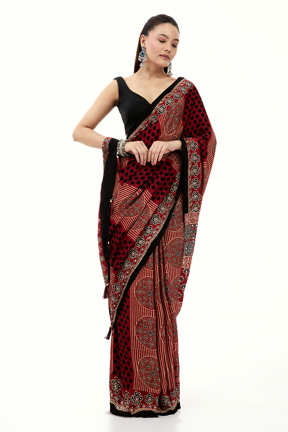 Maroon Modal Printed Saree with Mirror and Sequin Work