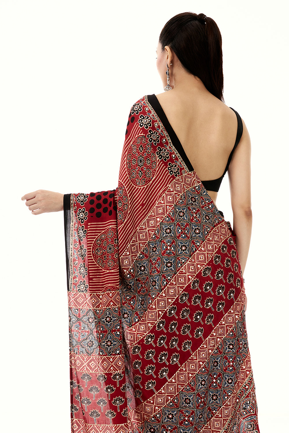 Maroon Modal Printed Saree with Mirror and Sequin Work