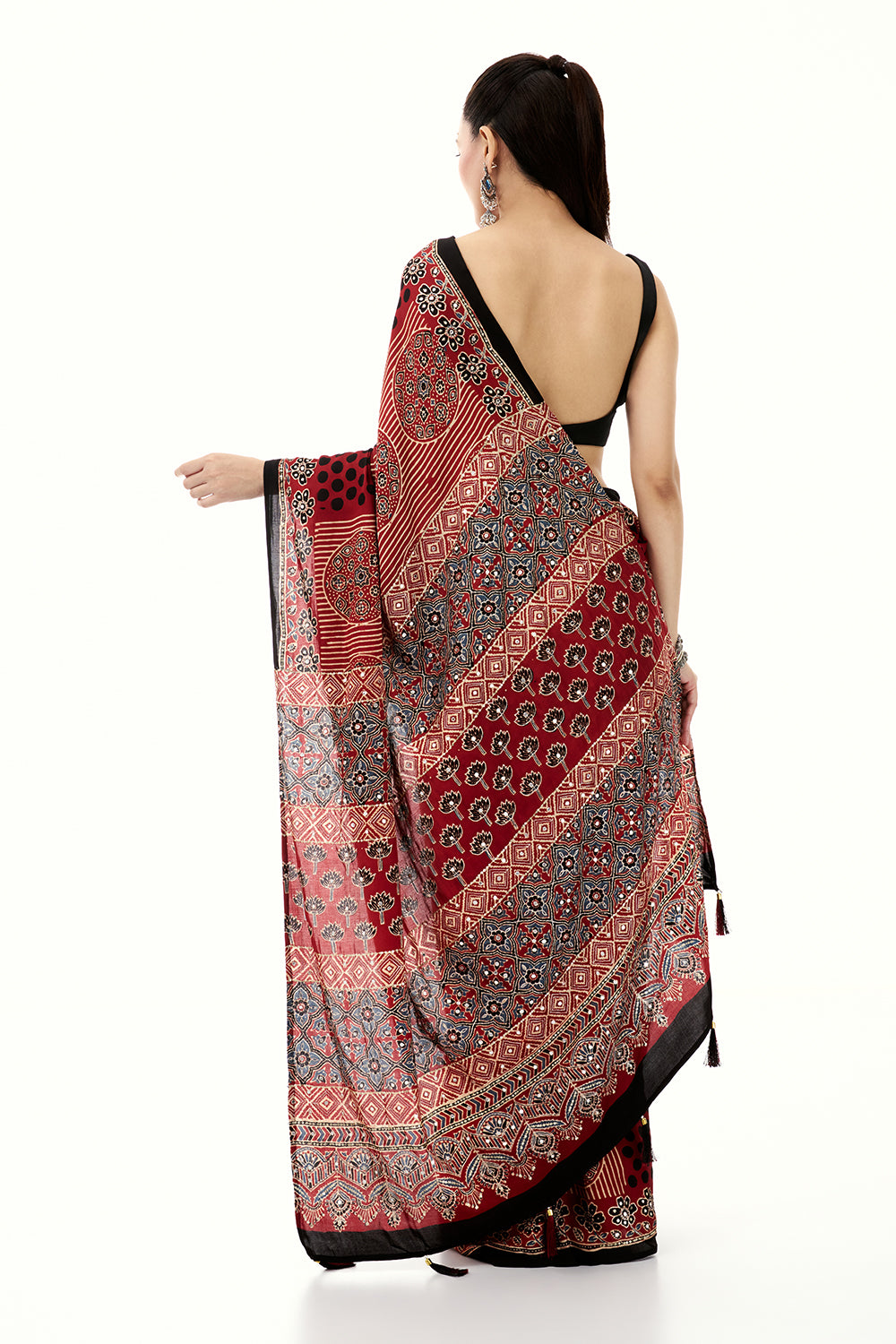 Maroon Modal Printed Saree with Mirror and Sequin Work