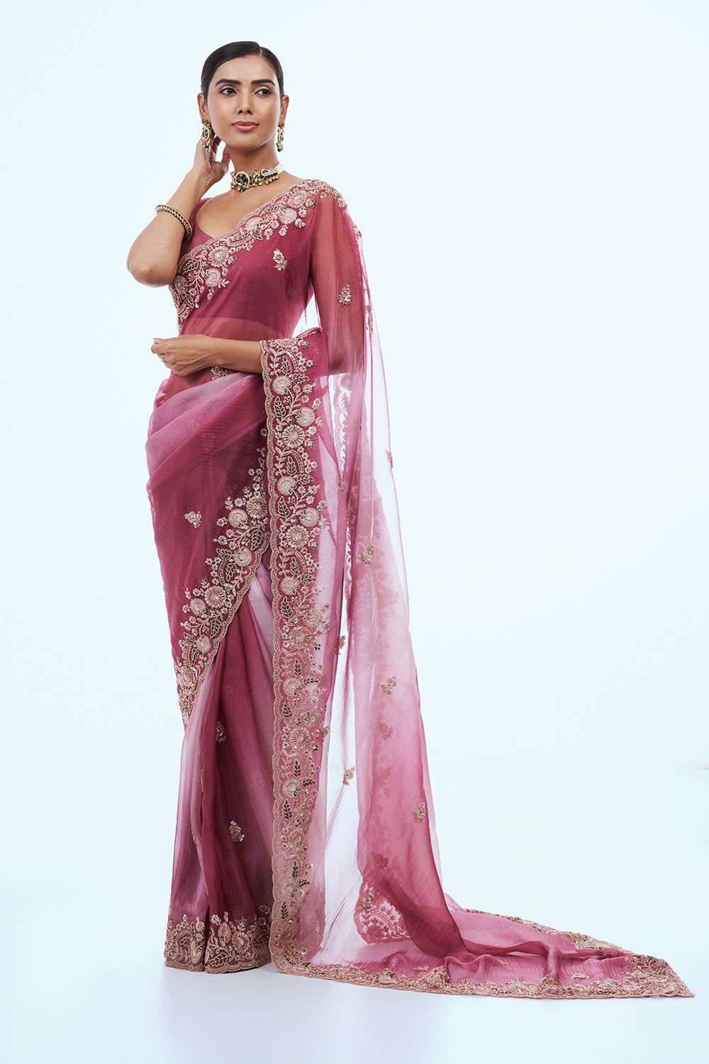 Maroon Organza Saree with Zari Work