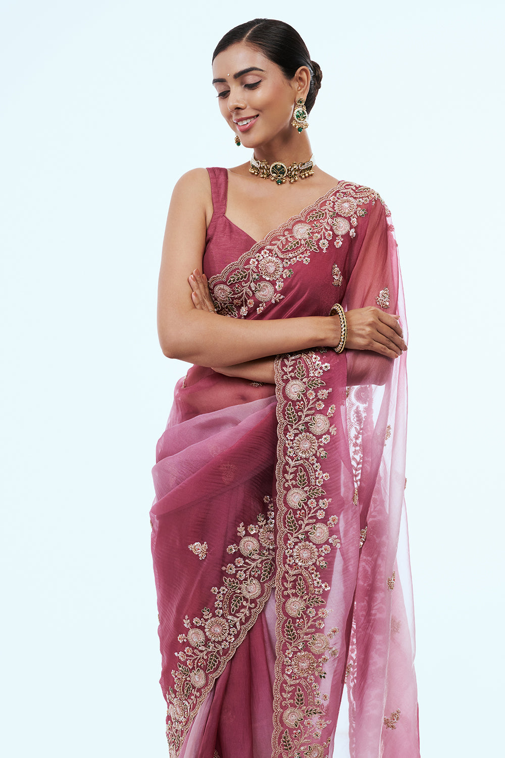 Maroon Organza Saree with Zari Work