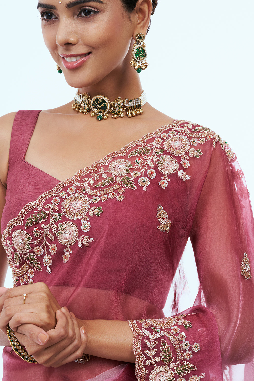 Maroon Organza Saree with Zari Work