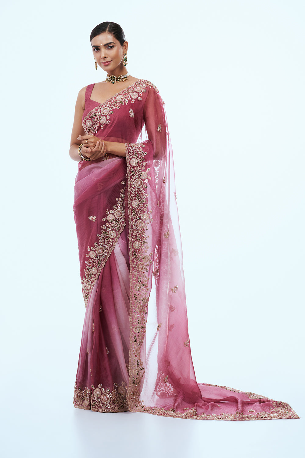 Maroon Organza Saree with Zari Work