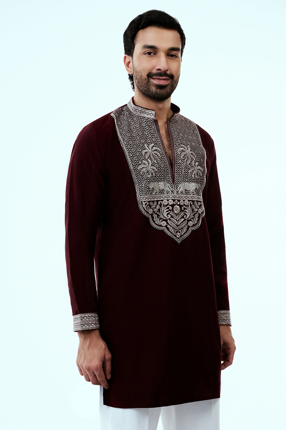 Maroon Premium Crepe Mens Kurta Set with Handwork