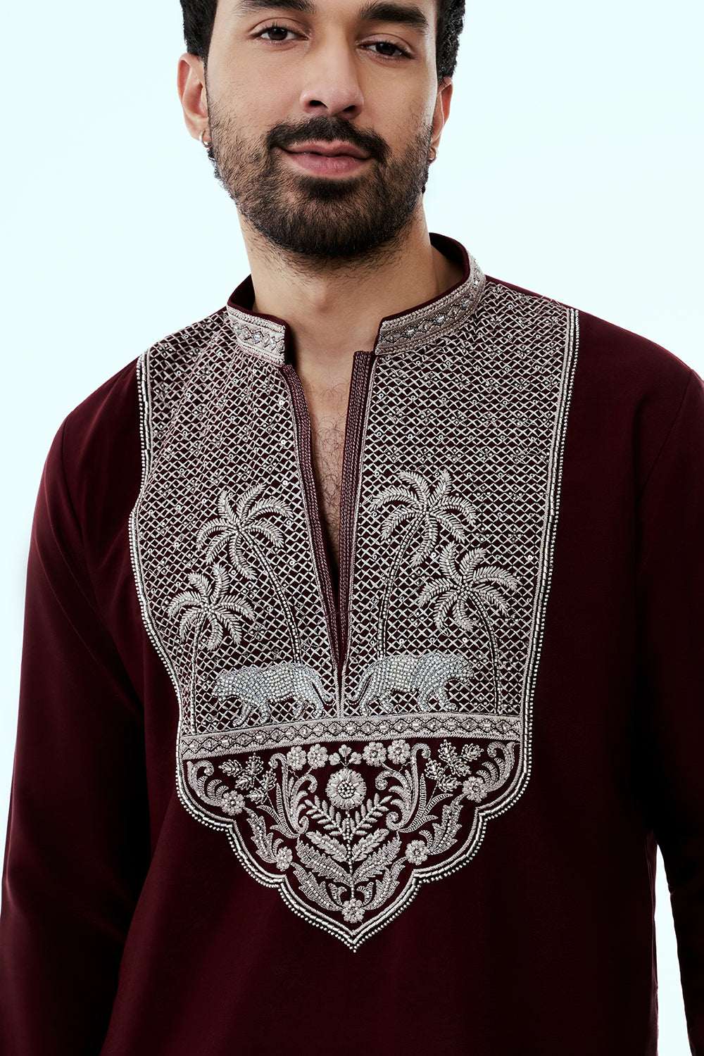 Maroon Premium Crepe Mens Kurta Set with Handwork