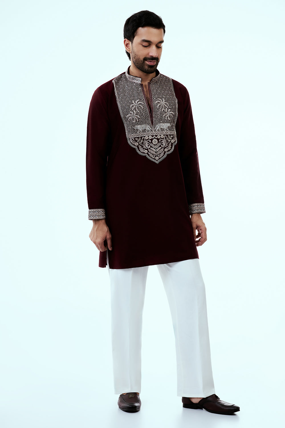 Maroon Premium Crepe Mens Kurta Set with Handwork