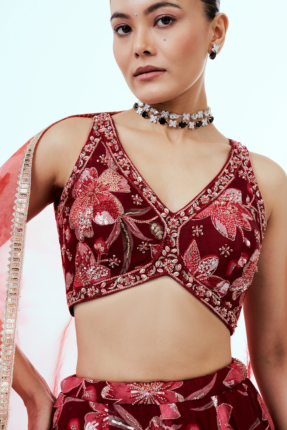 Maroon Printed Organza Lehenga with Embellishments