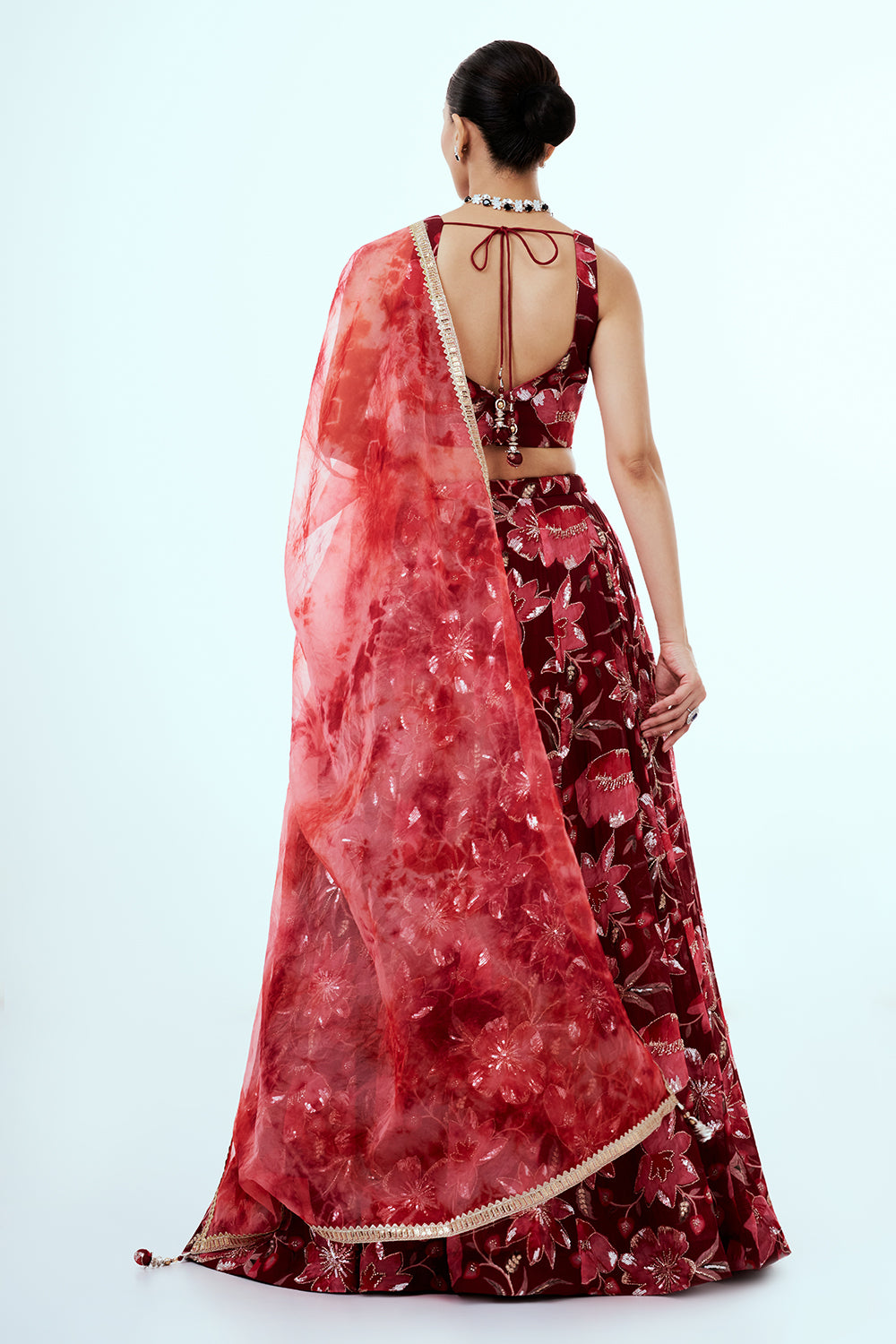 Maroon Printed Organza Lehenga with Embellishments