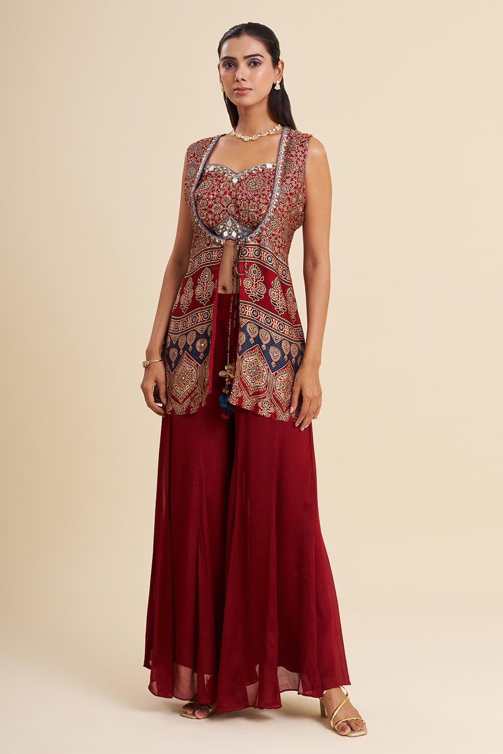 Maroon Satin Modal Fusion Set with Ajrakh Work