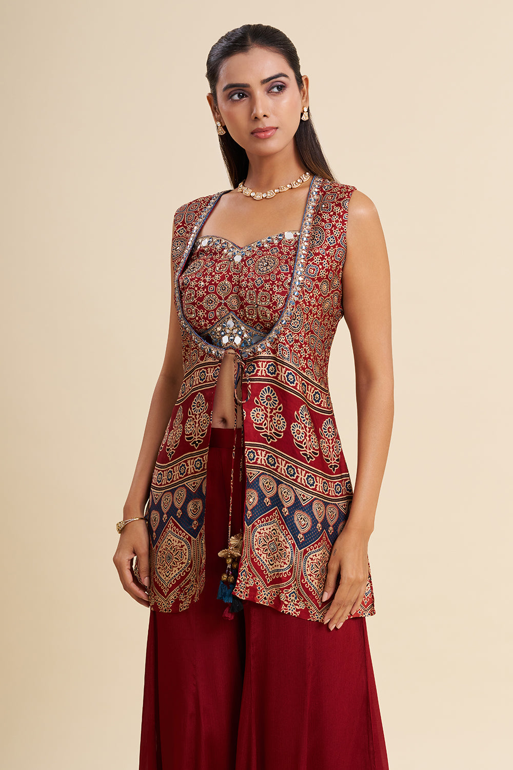 Maroon Satin Modal Fusion Set with Ajrakh Work