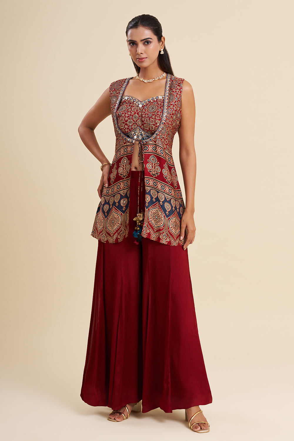 Maroon Satin Modal Fusion Set with Ajrakh Work