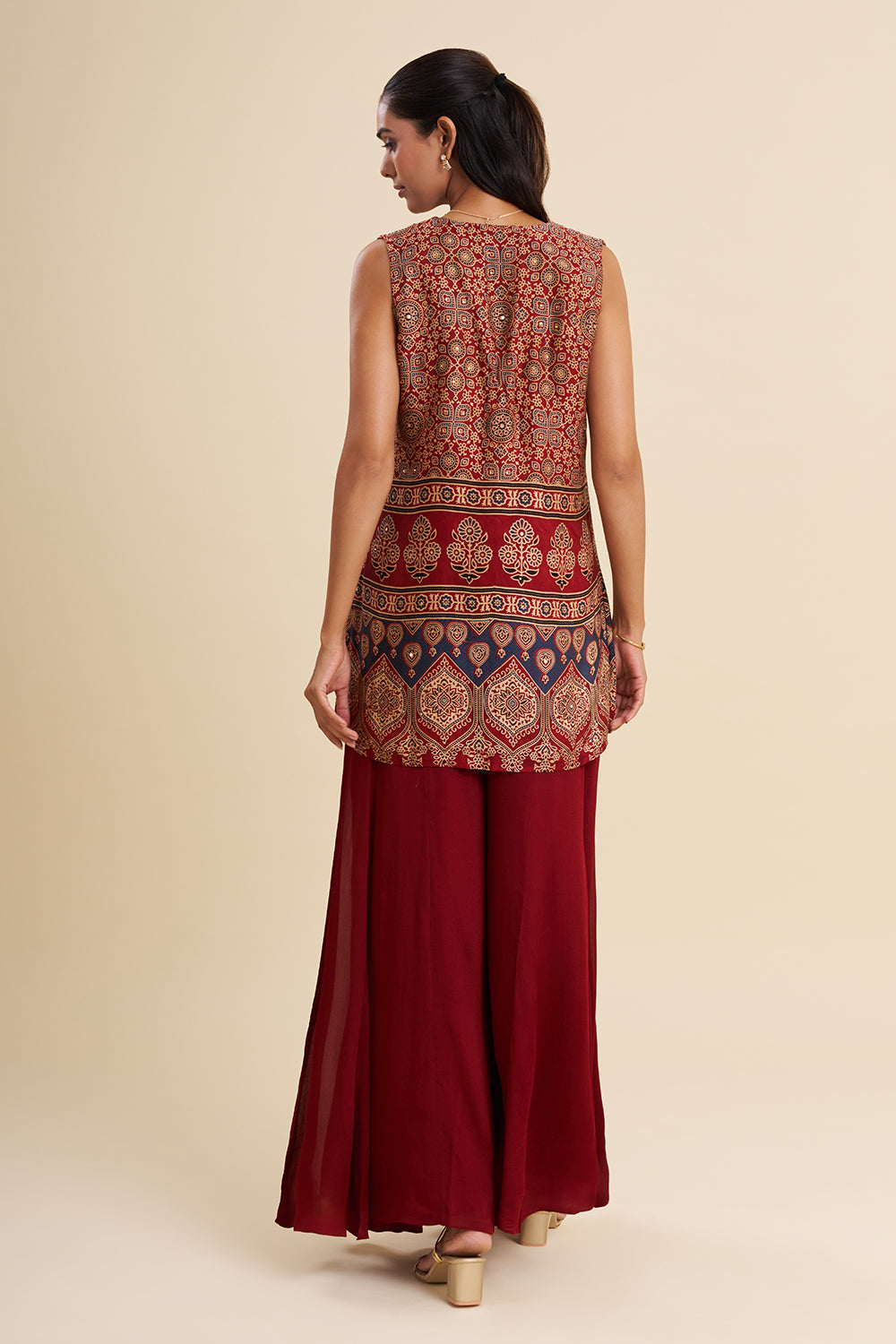 Maroon Satin Modal Fusion Set with Ajrakh Work