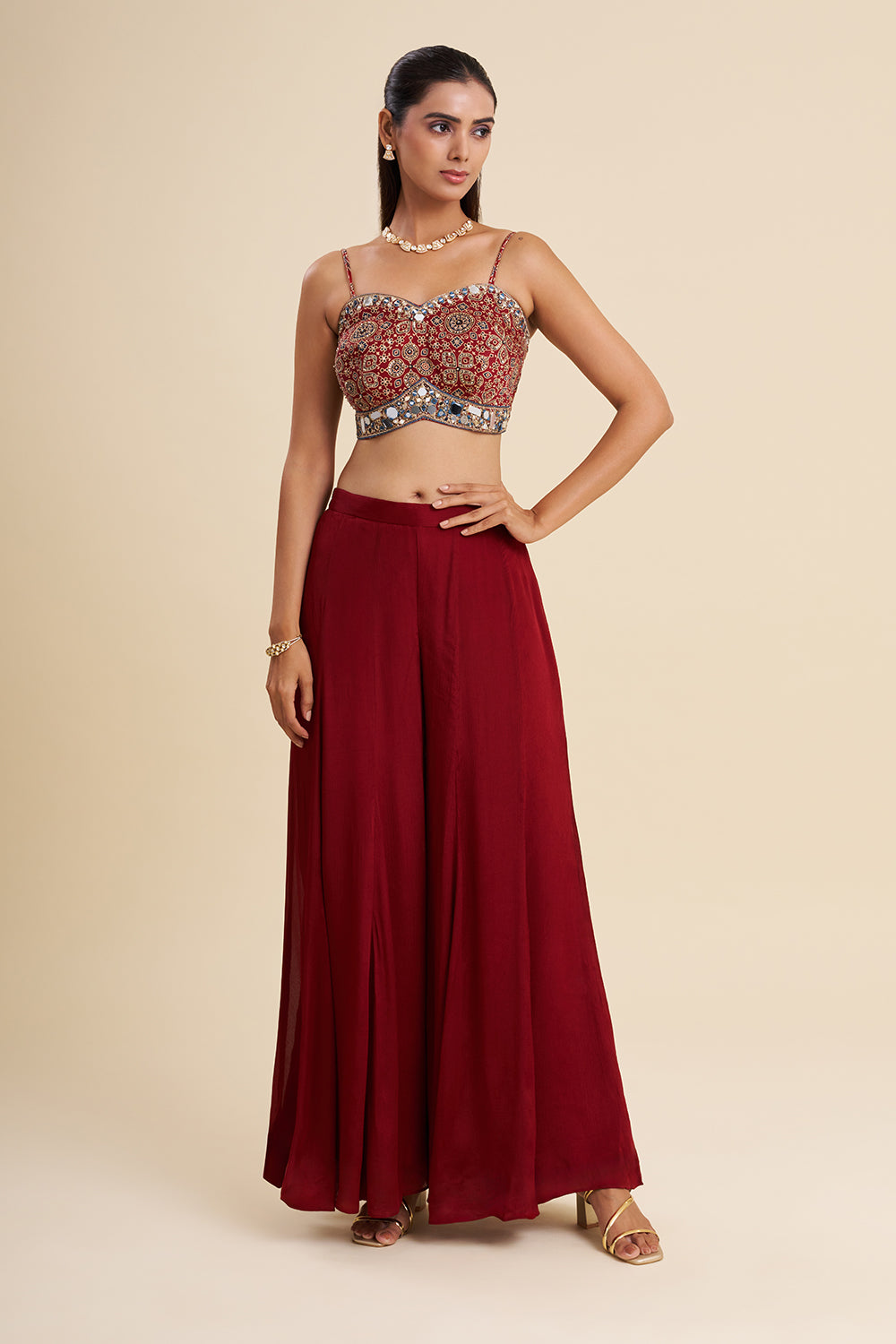 Maroon Satin Modal Fusion Set with Ajrakh Work
