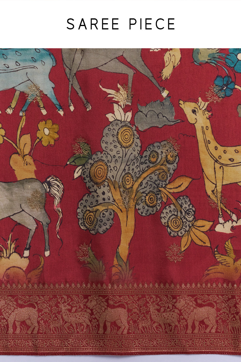 Maroon Silk Saree with Animal-Inspired Motifs Border And Unstitched Blouse
