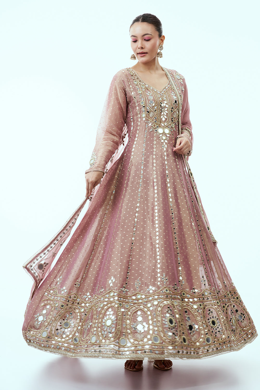 Mauve Anarkali with Gota Patti and Mirror work and Organza Dupatta