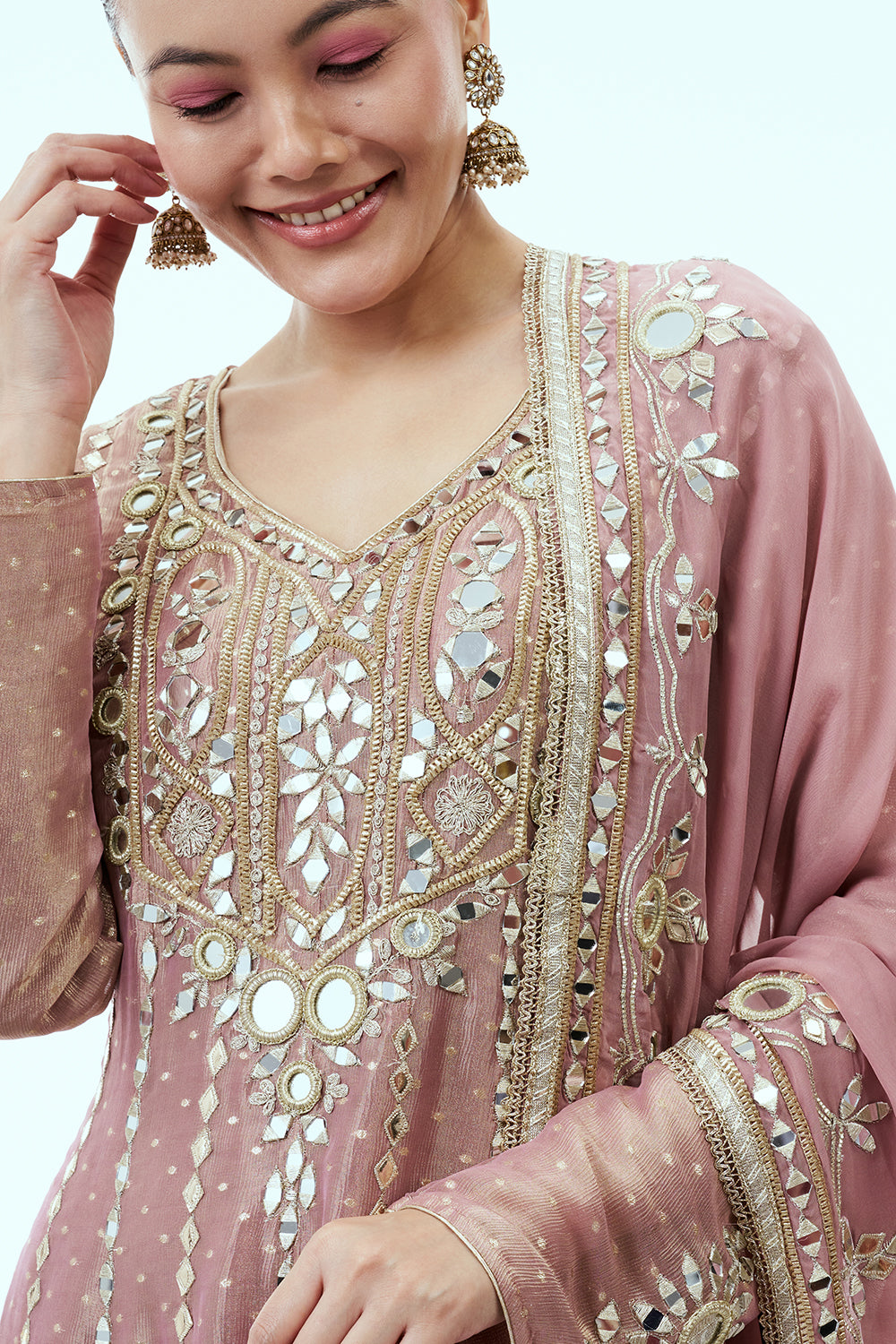 Mauve Anarkali with Gota Patti and Mirror work and Organza Dupatta