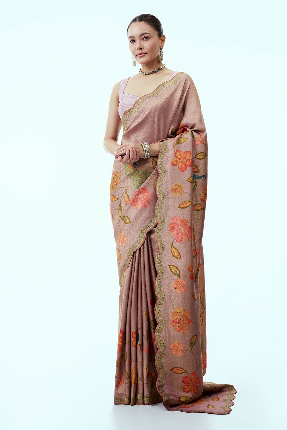 Mauve Banarasi Brocade Woven Saree with Floral Print and Unstitched Blouse