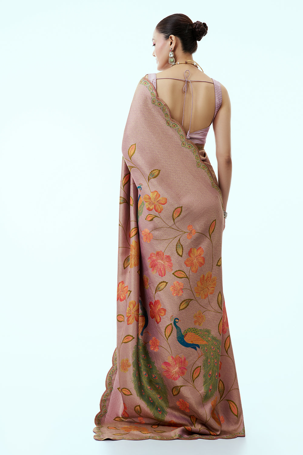Mauve Banarasi Brocade Woven Saree with Floral Print and Unstitched Blouse