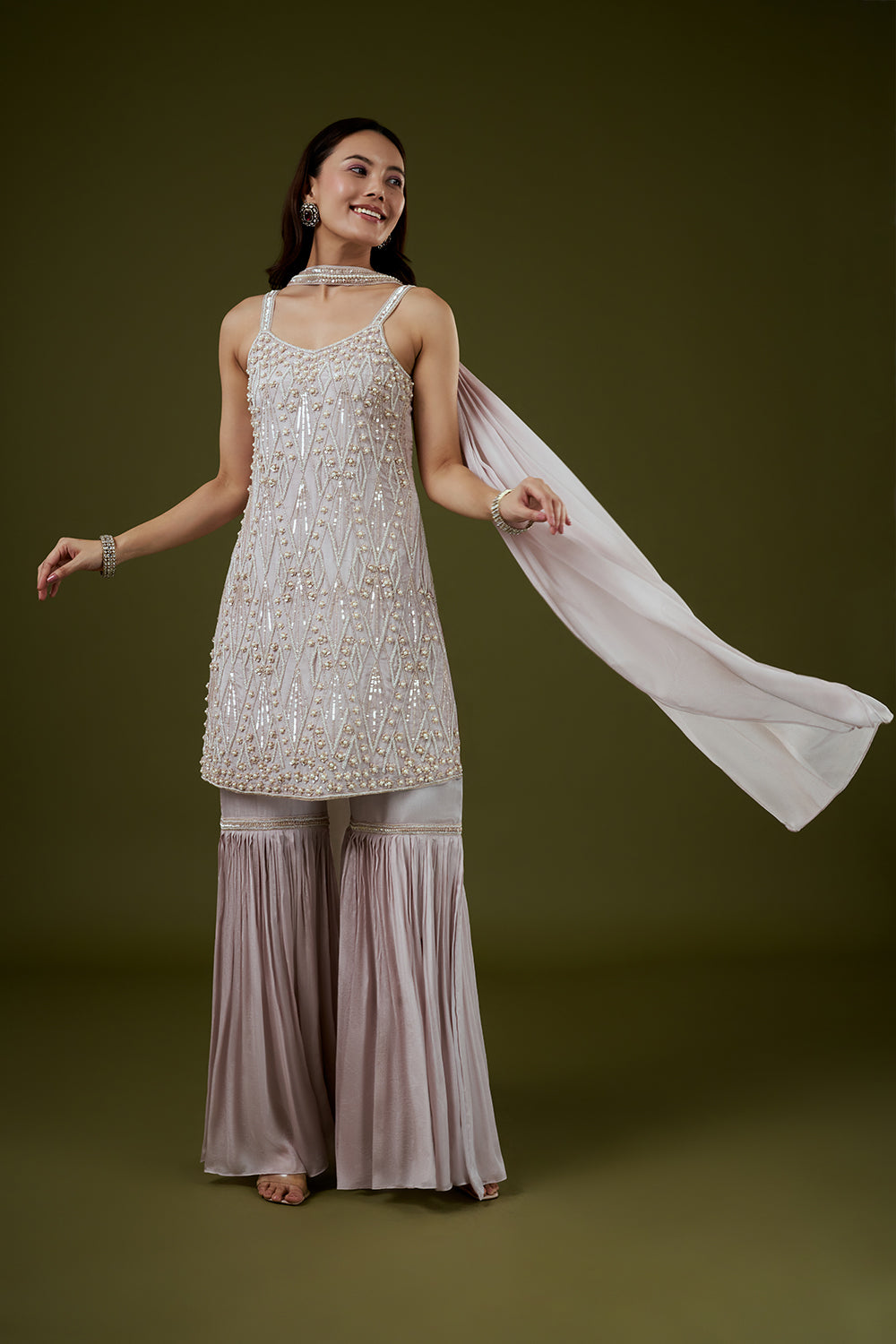 Mauve Chinon Sharara Suit with Moti and Cutdana Work