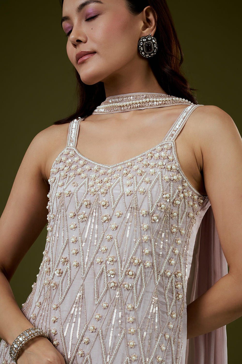 Mauve Chinon Sharara Suit with Moti and Cutdana Work