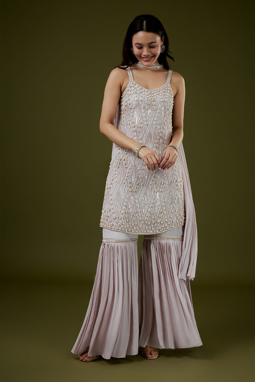 Mauve Chinon Sharara Suit with Moti and Cutdana Work