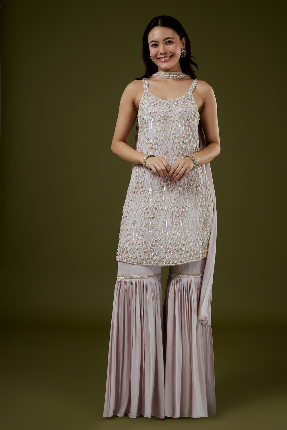 Mauve Chinon Sharara Suit with Moti and Cutdana Work