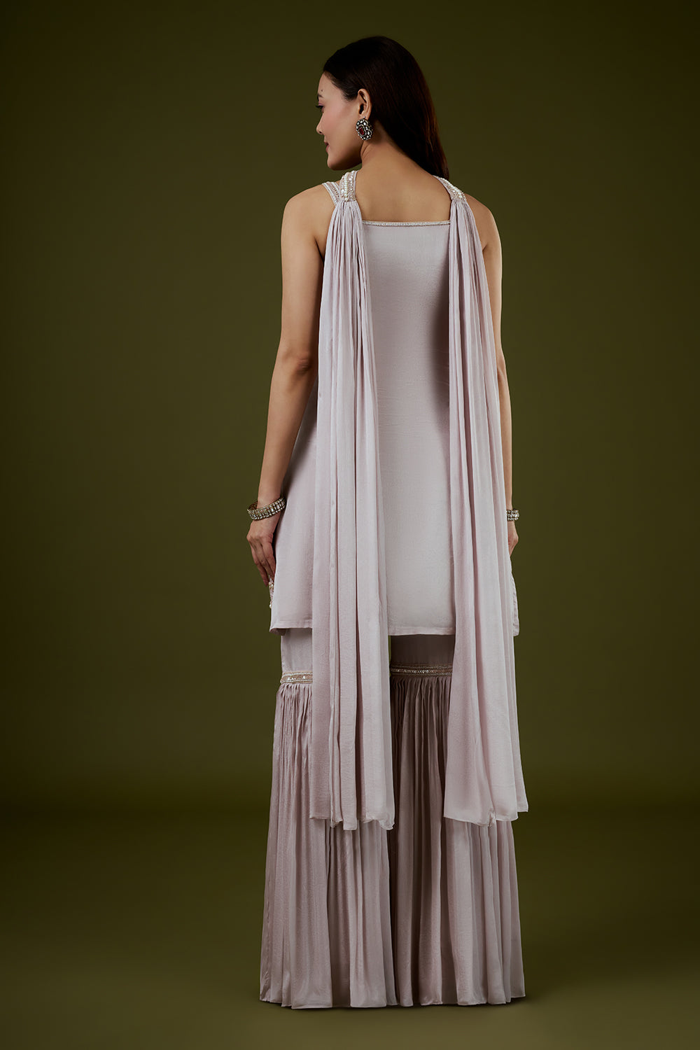 Mauve Chinon Sharara Suit with Moti and Cutdana Work