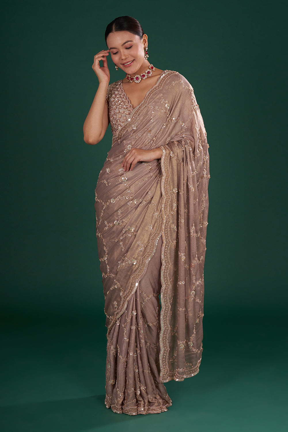 Mauve Shimmer Crush Chiffon Saree with Cutdana Embroidery and Unstitched Blouse