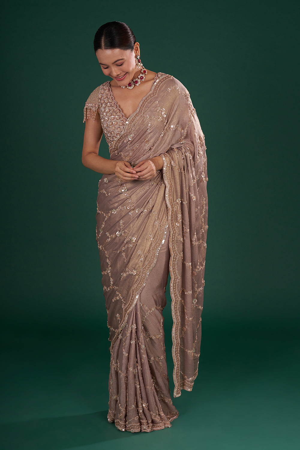 Mauve Shimmer Crush Chiffon Saree with Cutdana Embroidery and Unstitched Blouse